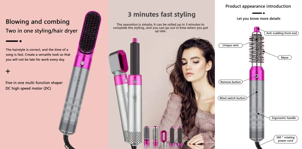 5 in 1 Hair Styler Hot Air Brush – Hair Dryer, Straightener, Curler, Comb & Volumizer with Negative Ion Technology for Easy Hair Styling